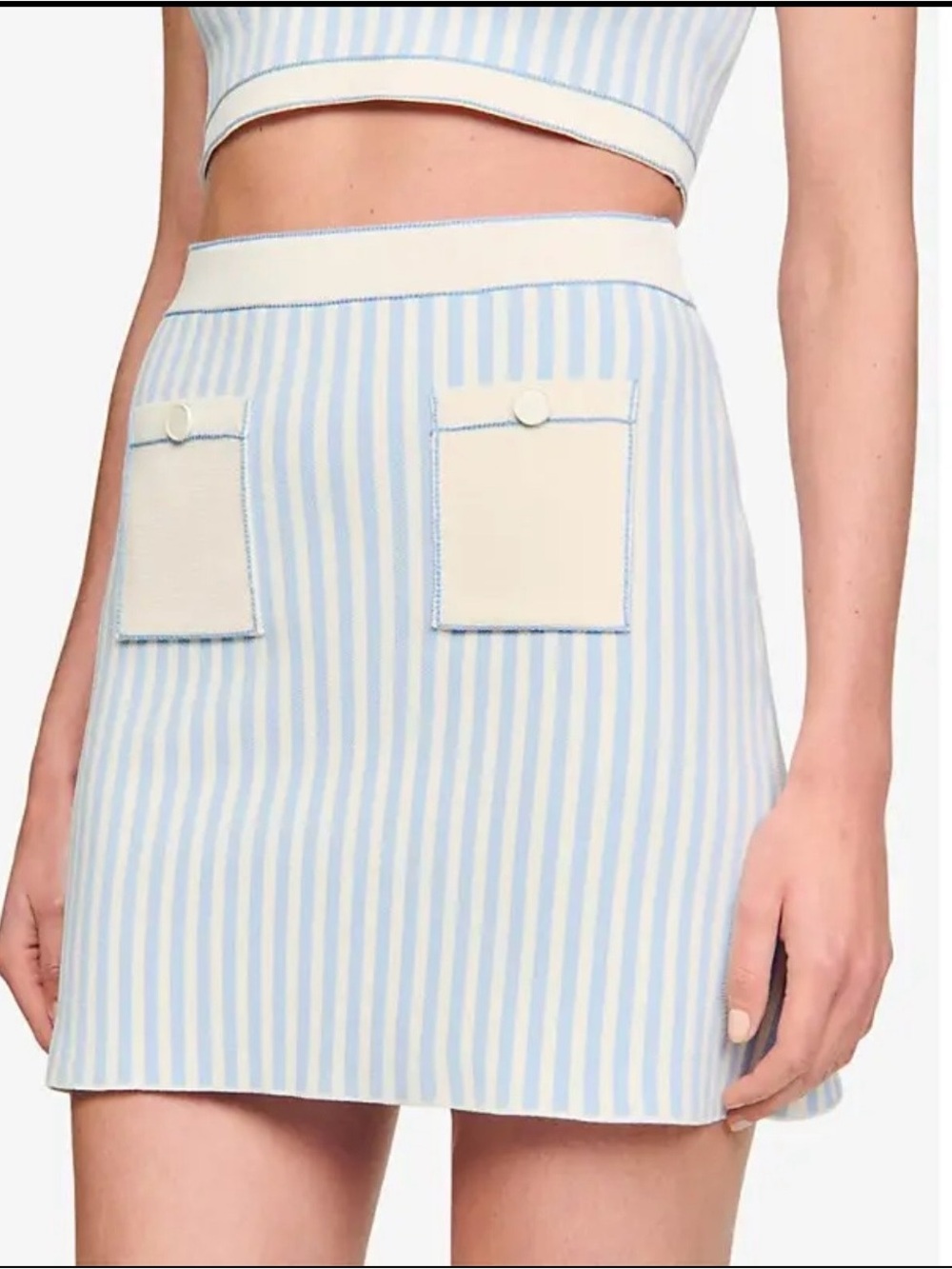 NWT Sandro size 42 Blue and Cream white Striped Mini Skirt with Patch Pockets